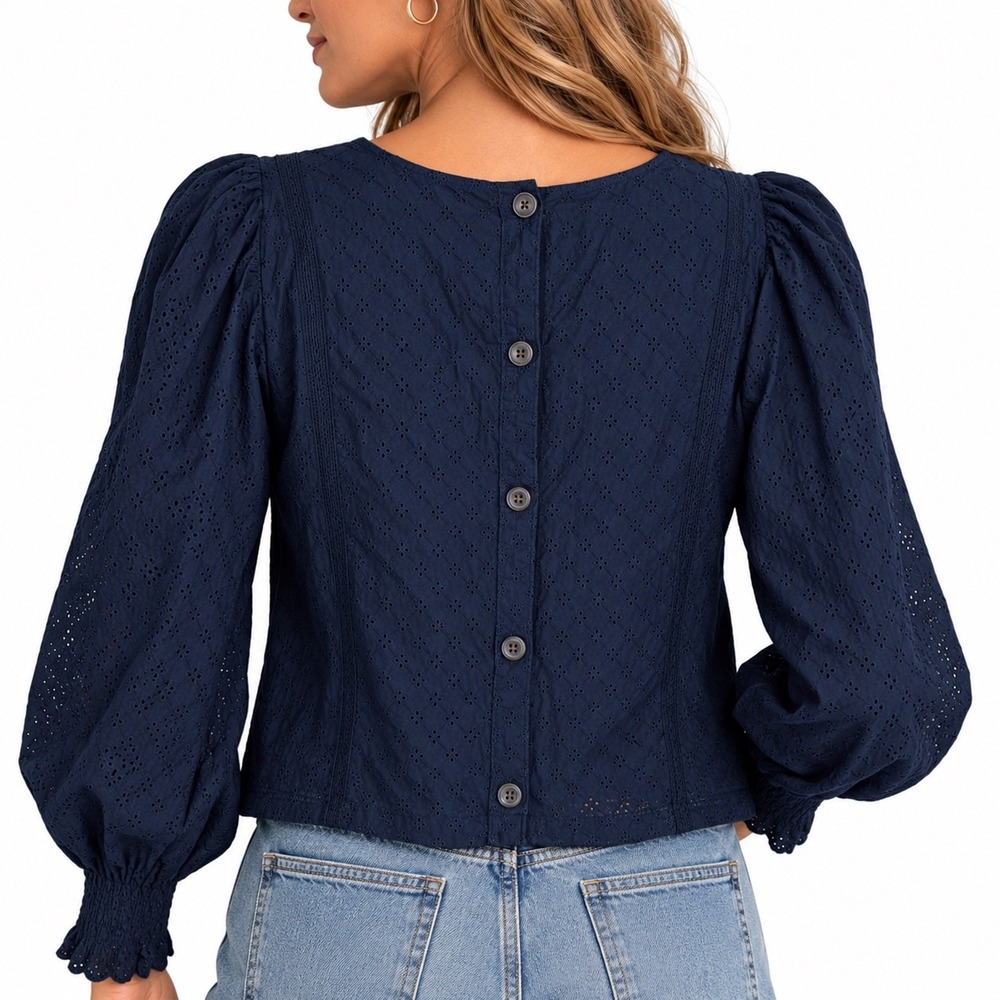 Madewell Eyelet Button Back Top Navy Blue Women Size 8 Puff Sleeve Smocked Cuff
